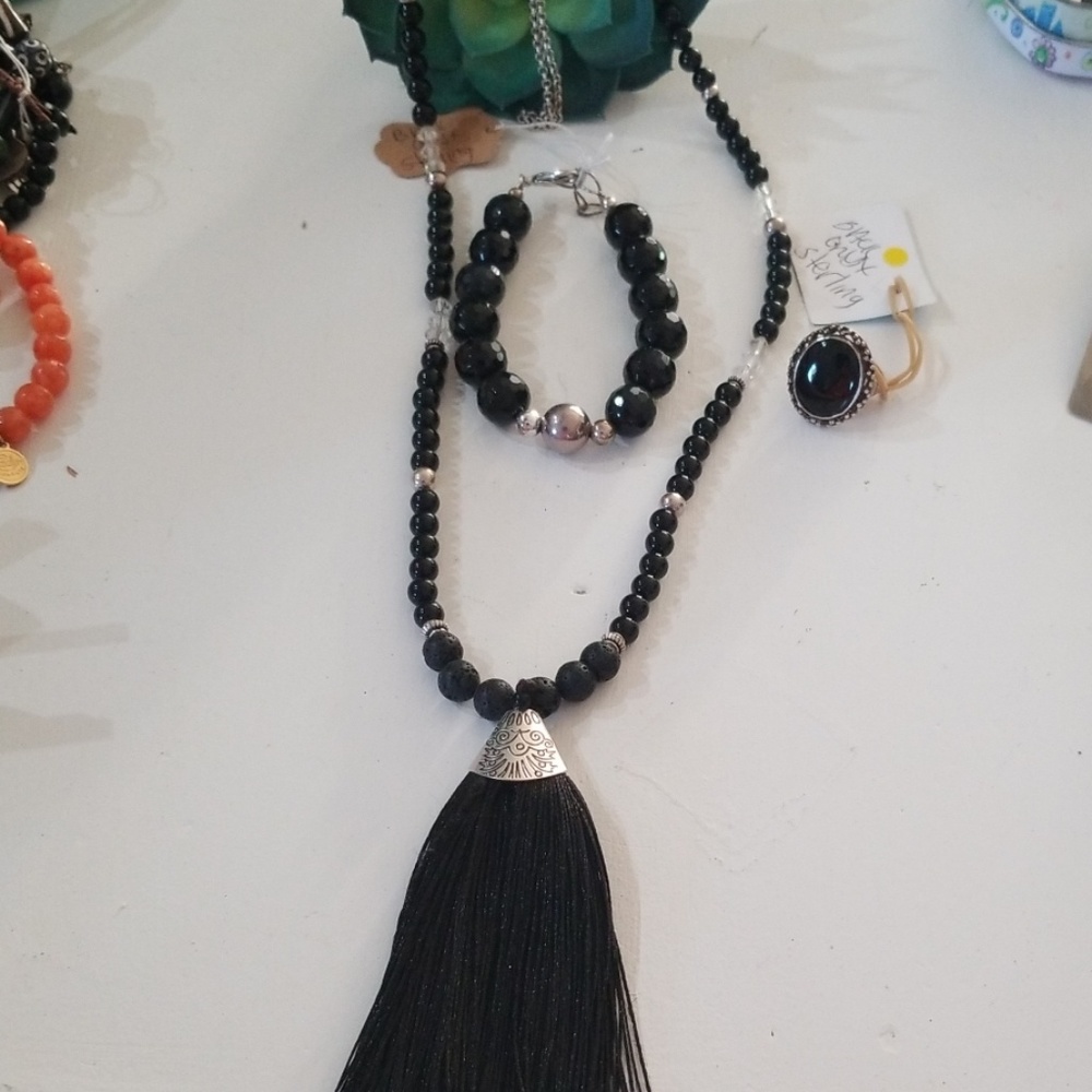 BLACK ONYX STERLING BRACELET, NECKLACE, RING** 3 pc set **NEW**